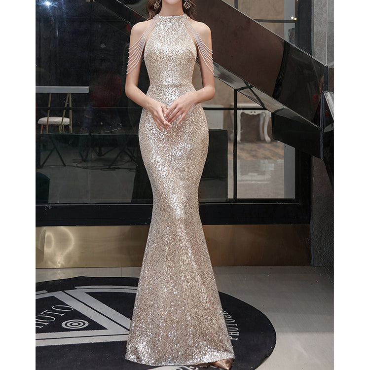 #30068 HALTER NECK SEQUINS EVENING DRESS