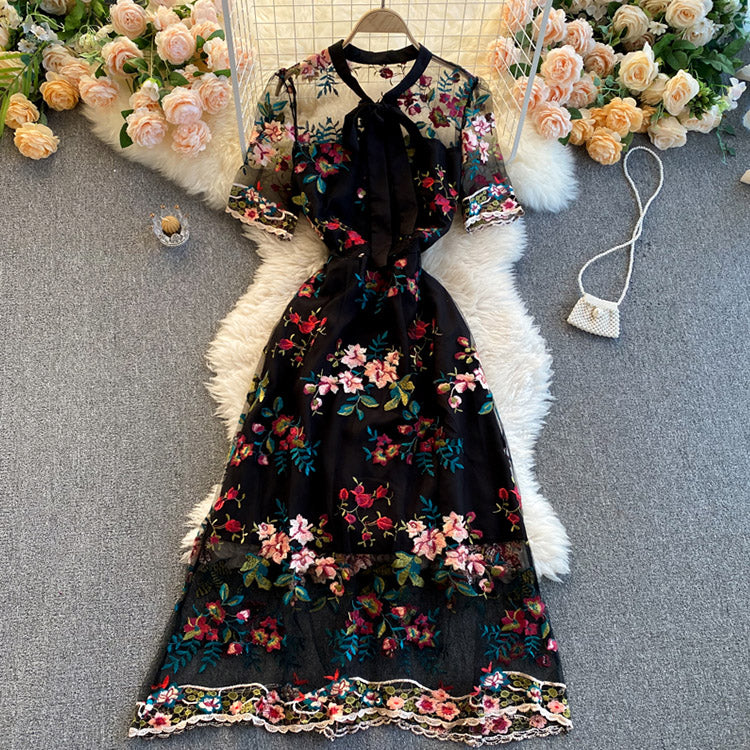 #5150 Bow-neck embroidered flower dress