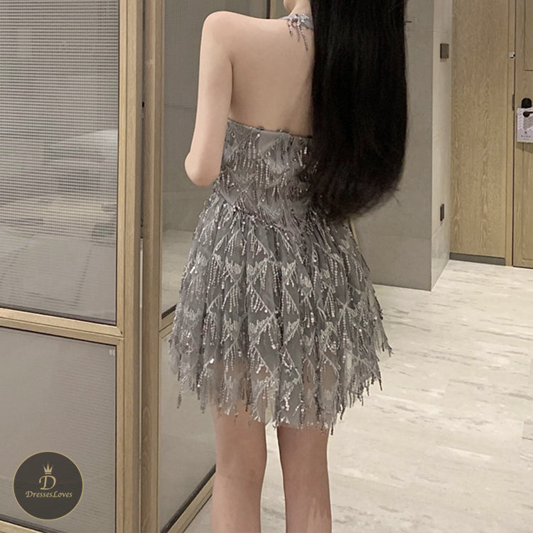 #5366 DEEP V NECK HALTERNECK SEQUIN PARTY DRESS