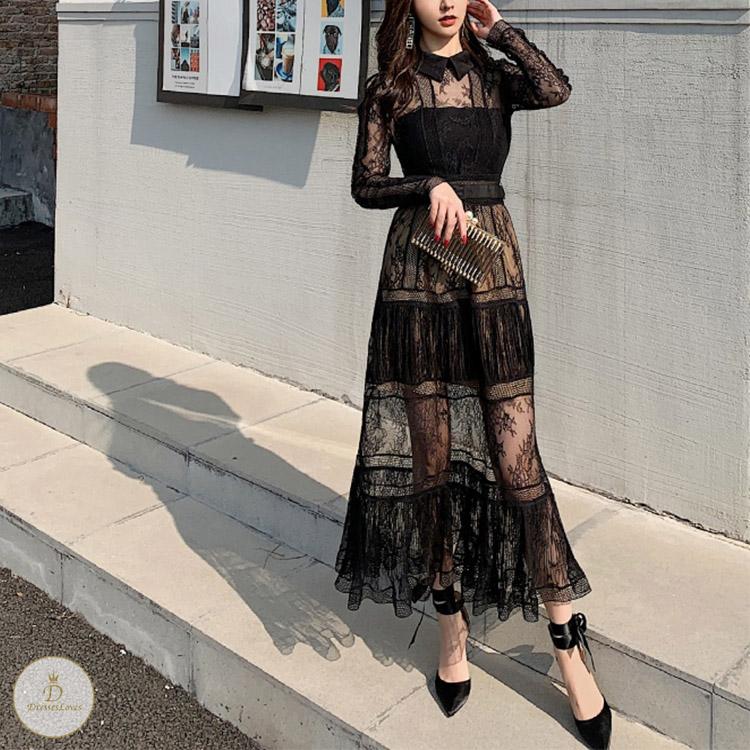 #7196 LAPEL LACE DRESS