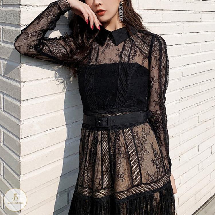 #7196 LAPEL LACE DRESS