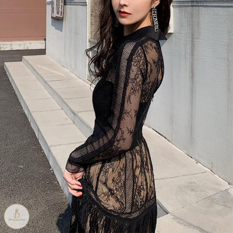 #7196 LAPEL LACE DRESS