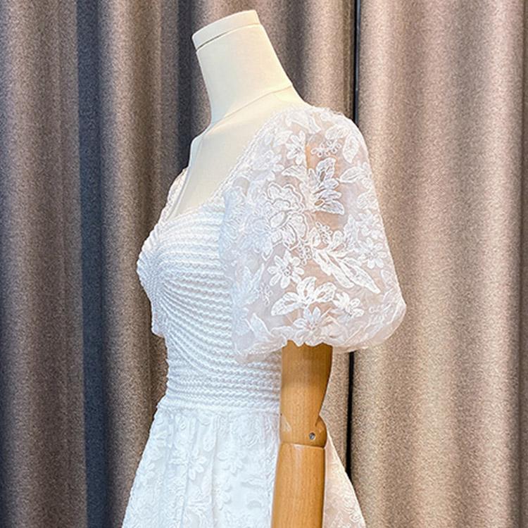 #7429 पफ स्लीव सिलाई फ्लोरल लेस ड्रेस