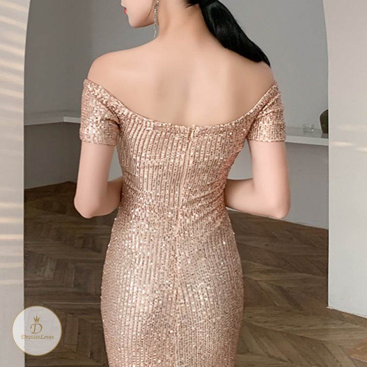 #7681 ONE SHOULDER SEQUIN EVENING DRESS