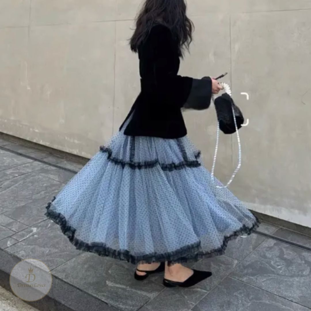 #7884 AUTUMN HIGH WAIST POLKA DOT TULLE SWING RUFFLE LACE SKIRT