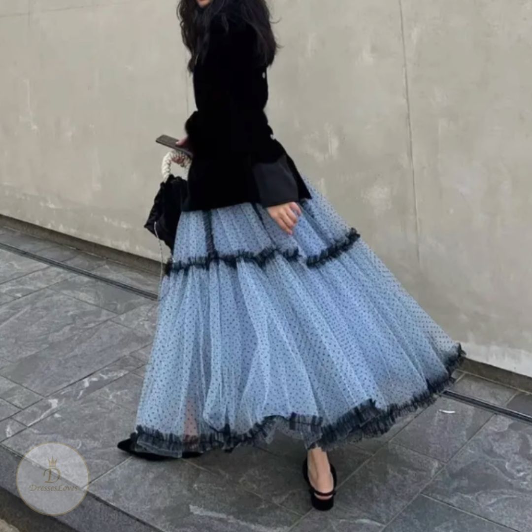 #7884 AUTUMN HIGH WAIST POLKA DOT TULLE SWING RUFFLE LACE SKIRT