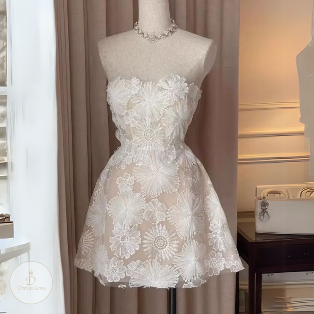 #7886 FLORAL EMBROIDERED STRAPLESS DRESS