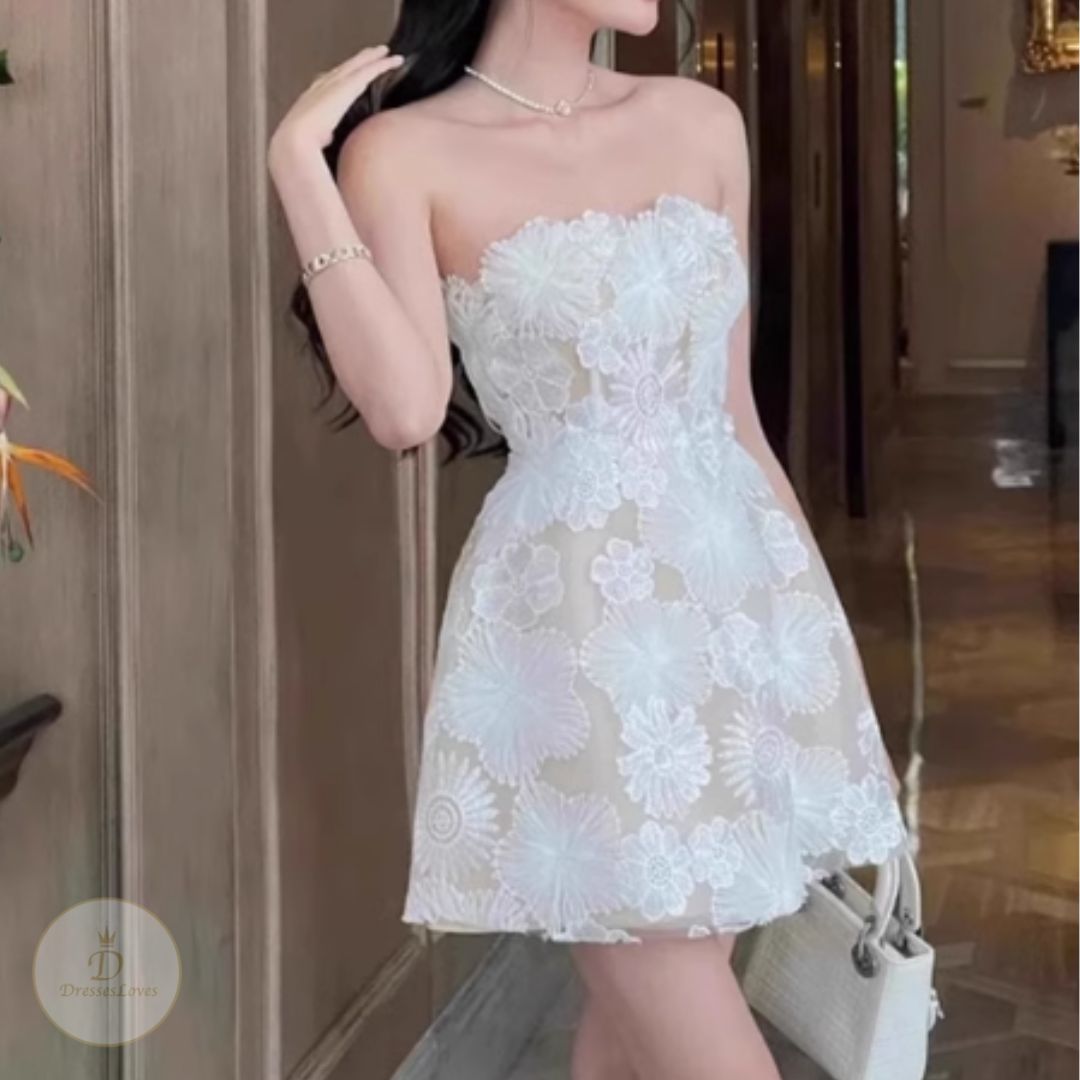 #7886 FLORAL EMBROIDERED STRAPLESS DRESS