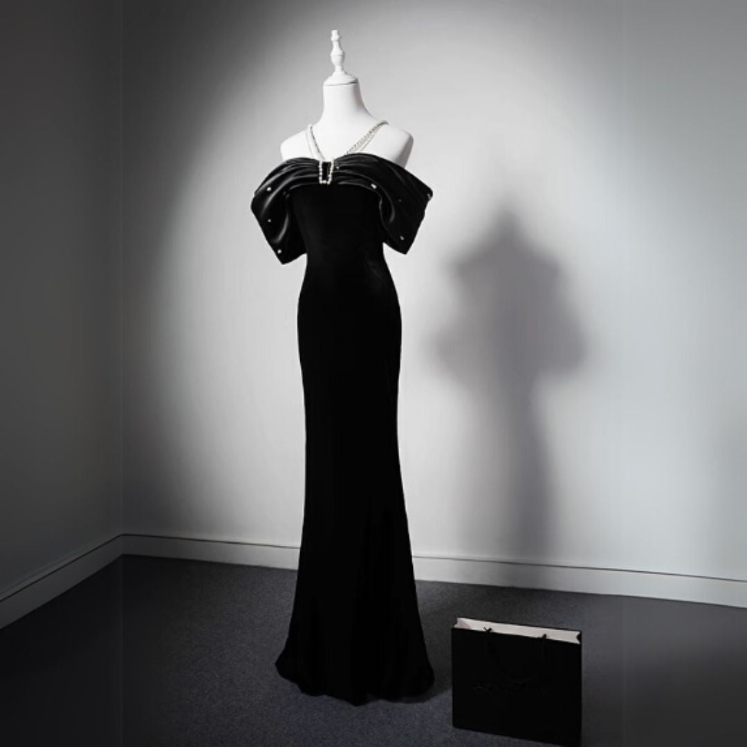 #7890 BEADED OFF-SHOULDER BLACK MERMAID EVENING DRESS