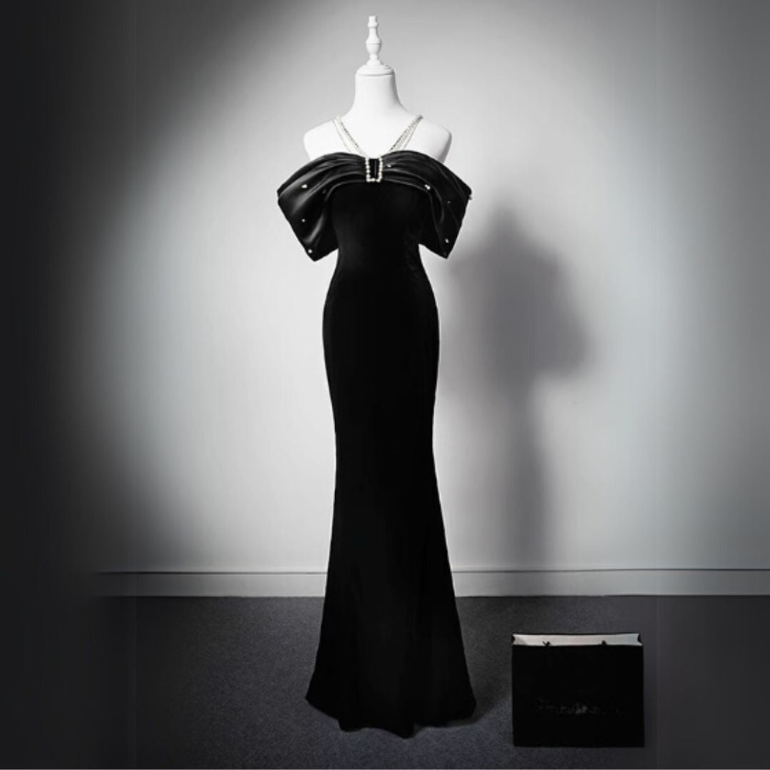 #7890 BEADED OFF-SHOULDER BLACK MERMAID EVENING DRESS