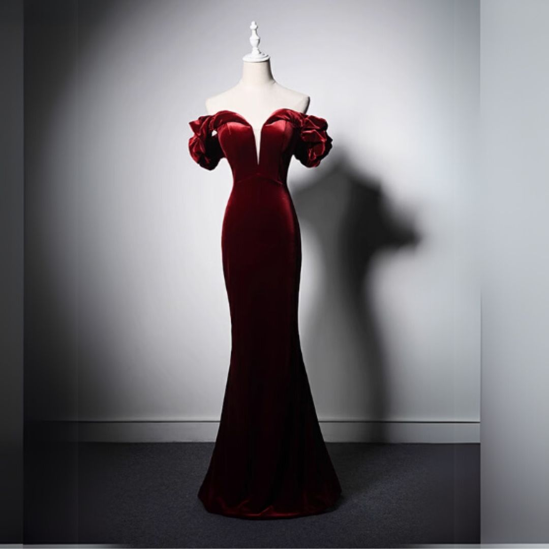 #7893 OFF-SHOULDER MERMAID VELVET WINE RED EVENING DRESS