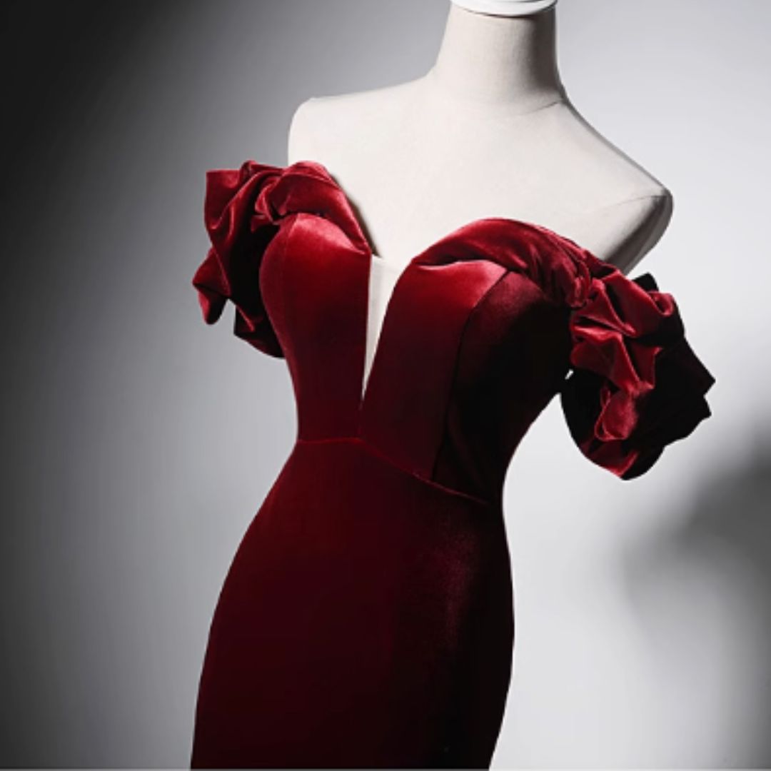 #7893 OFF-SHOULDER MERMAID VELVET WINE RED EVENING DRESS