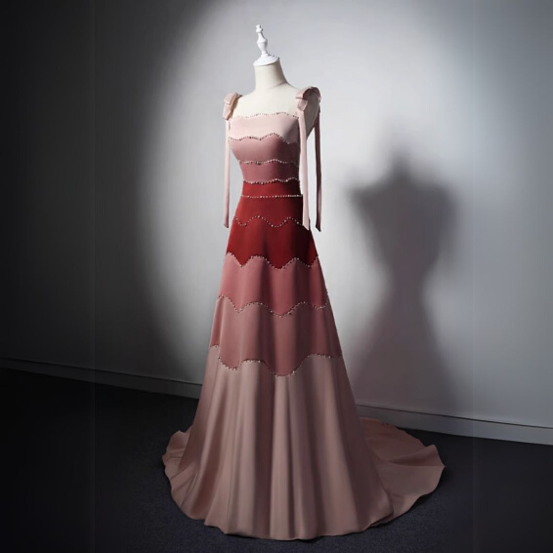 #7895 GRADIENT COLOR BLOCK HANDCRAFTED BEADED STRAPLESS TRAINED EVENING DRESS