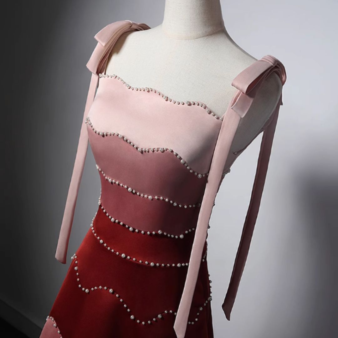 #7895 GRADIENT COLOR BLOCK HANDCRAFTED BEADED STRAPLESS TRAINED EVENING DRESS