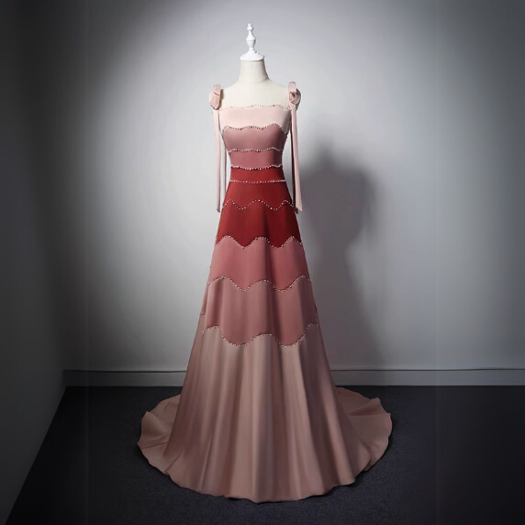 #7895 GRADIENT COLOR BLOCK HANDCRAFTED BEADED STRAPLESS TRAINED EVENING DRESS