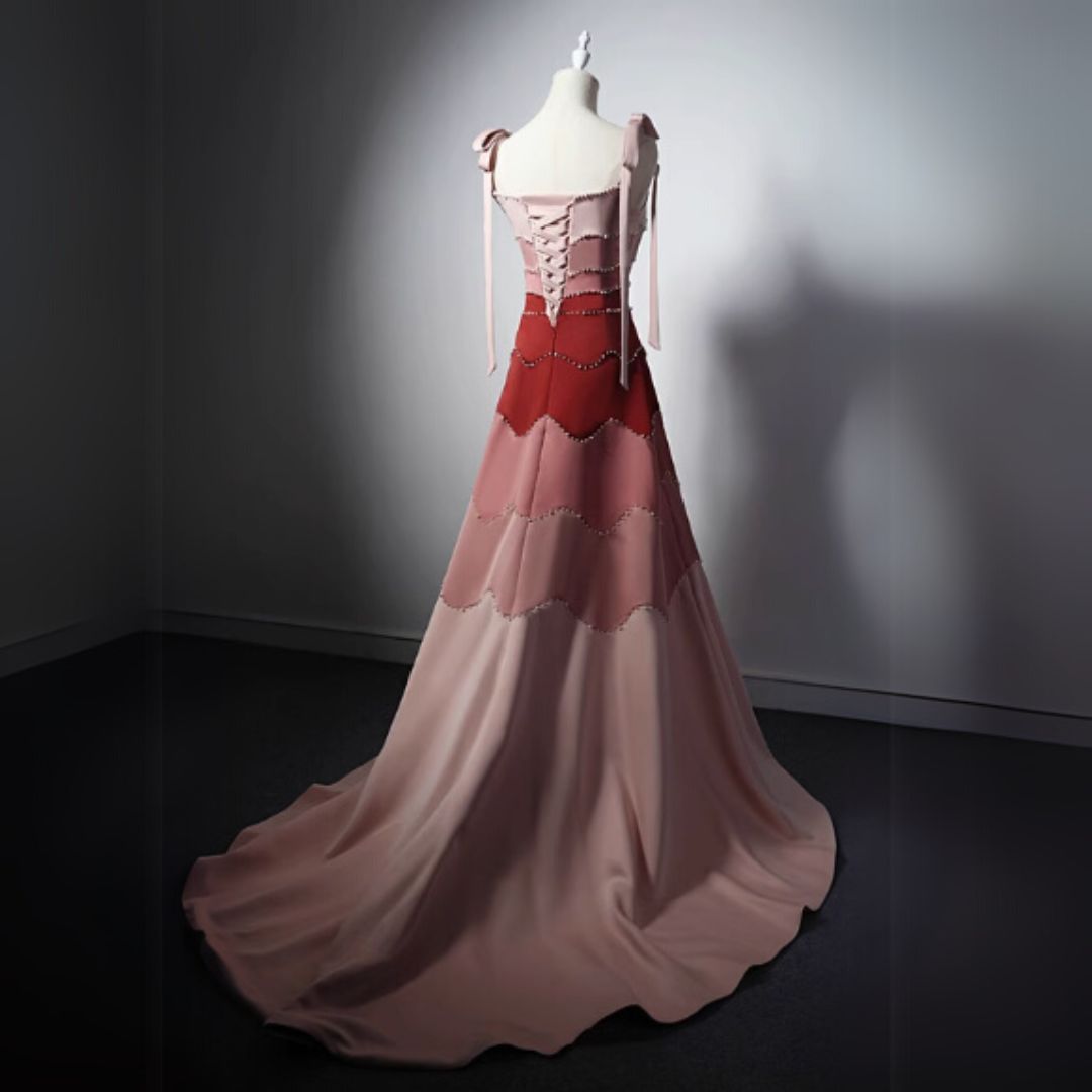 #7895 GRADIENT COLOR BLOCK HANDCRAFTED BEADED STRAPLESS TRAINED EVENING DRESS