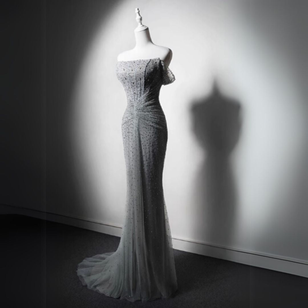 #7896 SHIMMERING STRAPLESS ONE-SHOULDER MERMAID EVENING DRESS