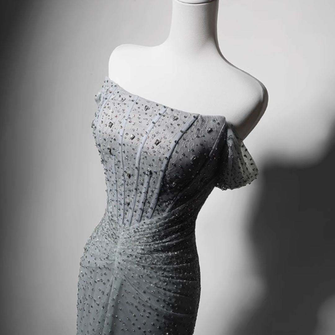 #7896 SHIMMERING STRAPLESS ONE-SHOULDER MERMAID EVENING DRESS