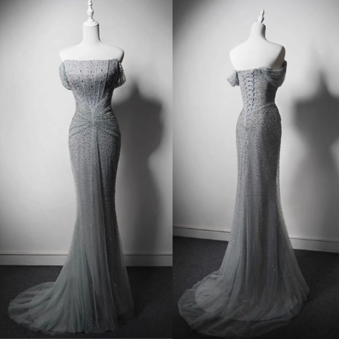 #7896 SHIMMERING STRAPLESS ONE-SHOULDER MERMAID EVENING DRESS