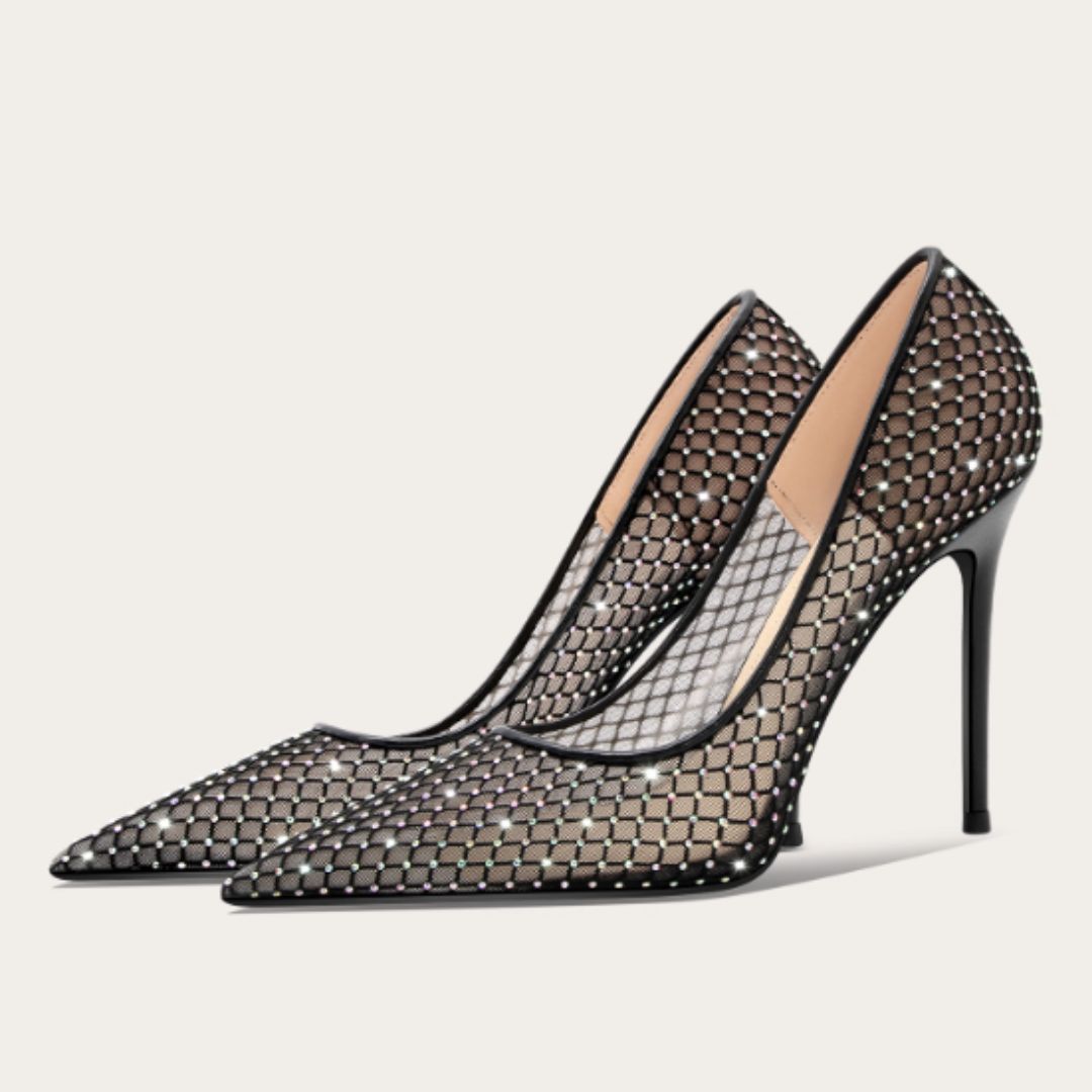 #7909 SEXY FISHNET RHINESTONE BLACK MESH HIGH HEELS