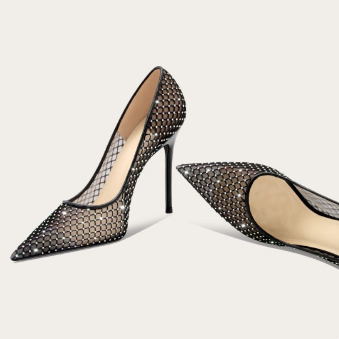 #7909 SEXY FISHNET RHINESTONE BLACK MESH HIGH HEELS