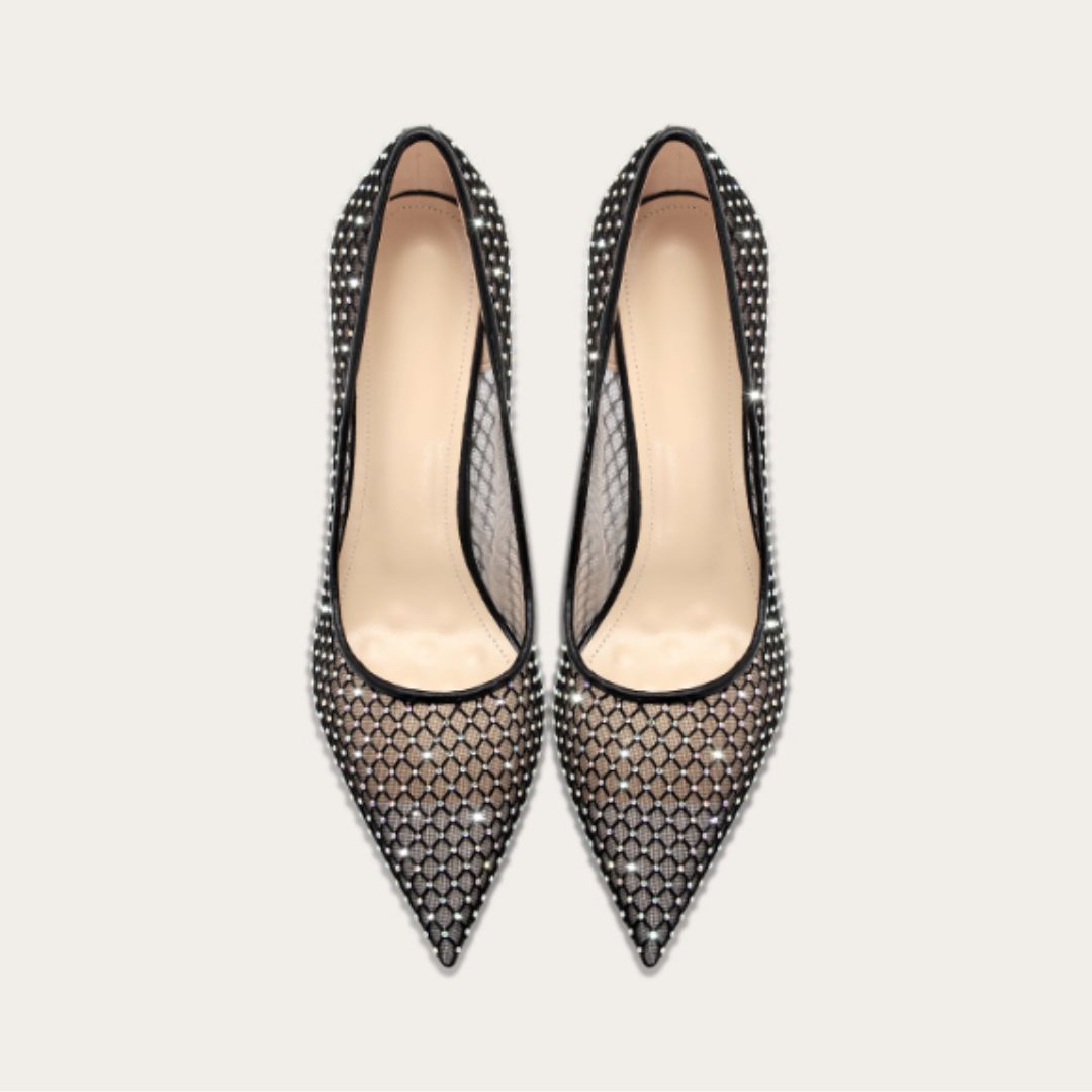 #7909 SEXY FISHNET RHINESTONE BLACK MESH HIGH HEELS