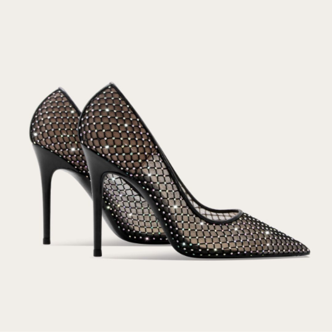 #7909 SEXY FISHNET RHINESTONE BLACK MESH HIGH HEELS