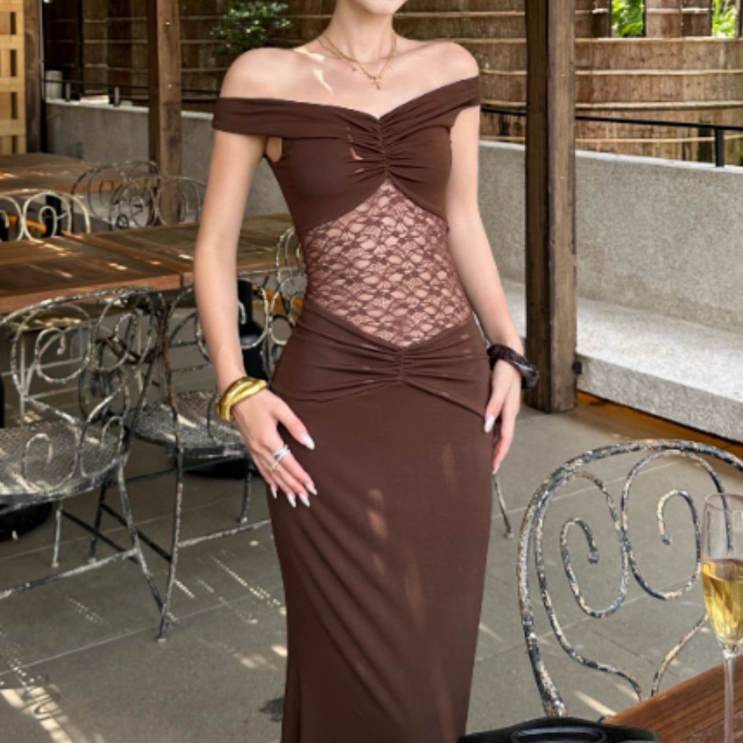 #7914 OFF-SHOULDER LACE INSERT RUCHED BODYCON DRESS