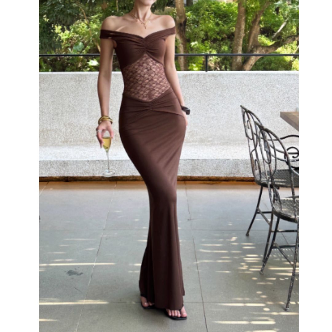 #7914 OFF-SHOULDER LACE INSERT RUCHED BODYCON DRESS