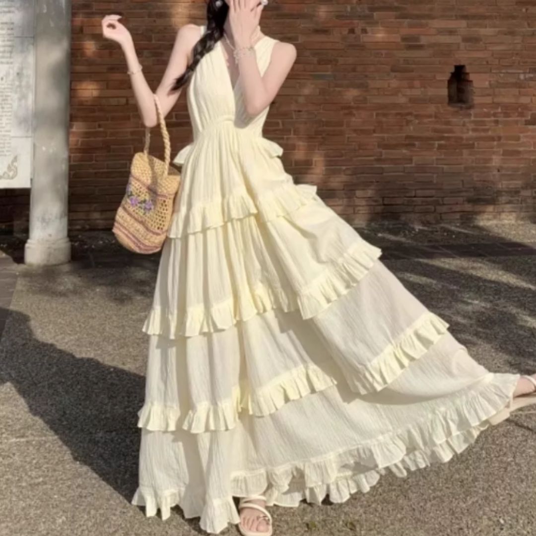 #7920 SLEEVELESS WAIST-TIE LONG DRESS
