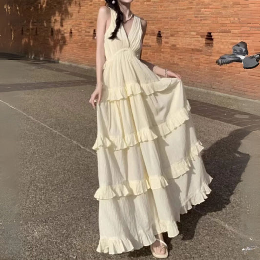 #7920 SLEEVELESS WAIST-TIE LONG DRESS