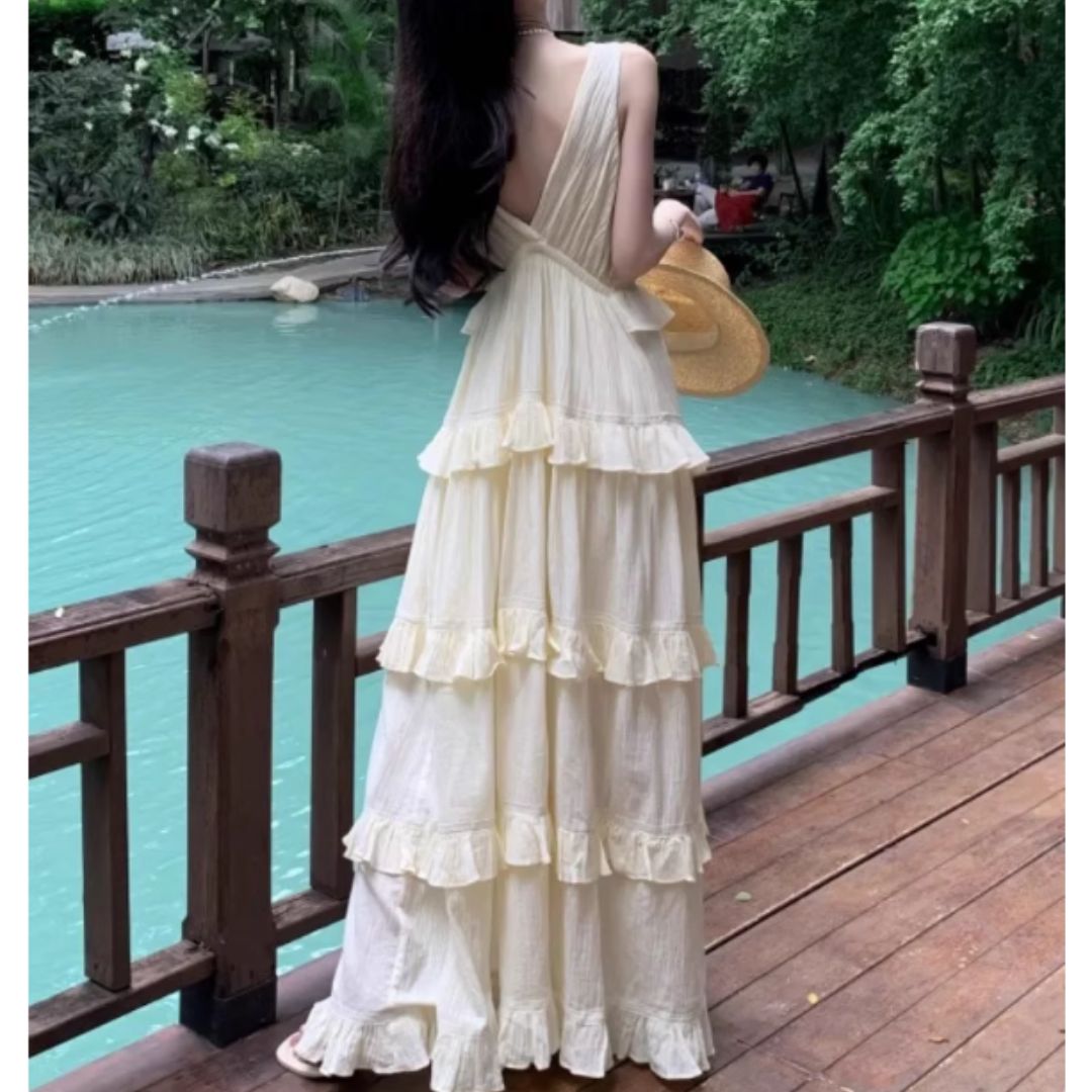 #7920 SLEEVELESS WAIST-TIE LONG DRESS