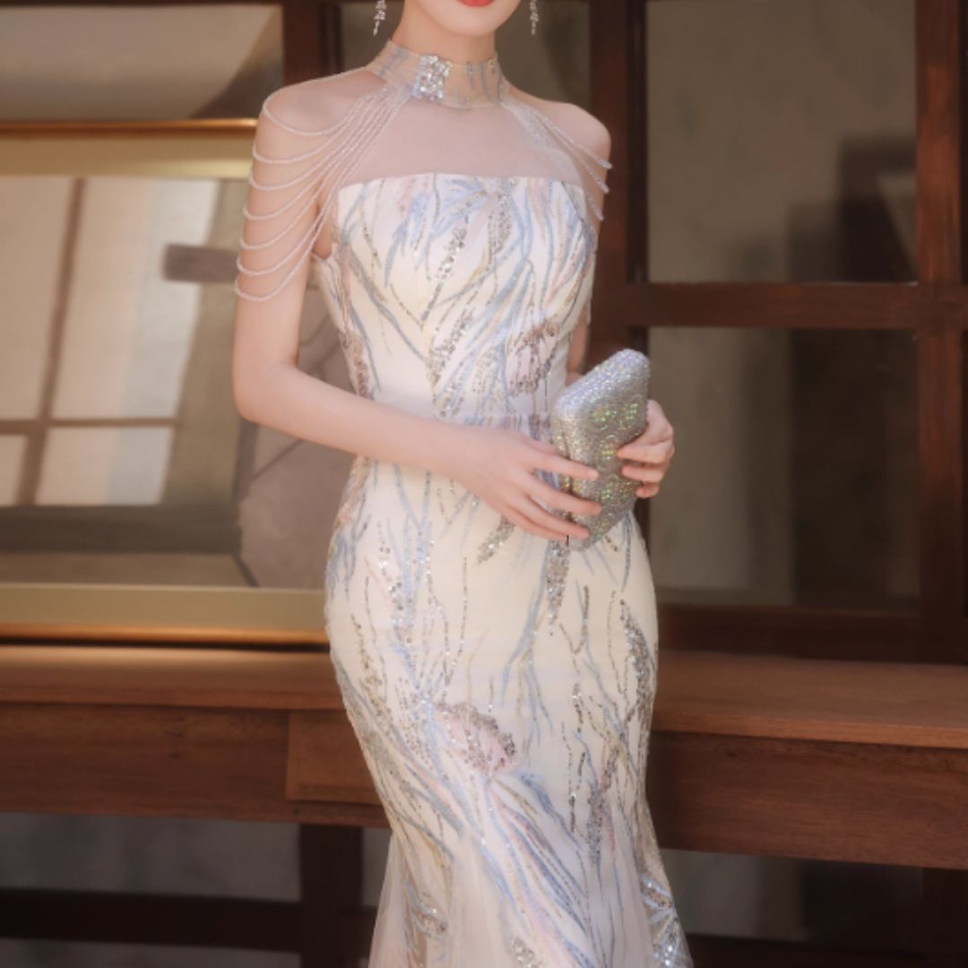 #7930 HALTERNECK BEADED SEQUIN EVENING DRESS
