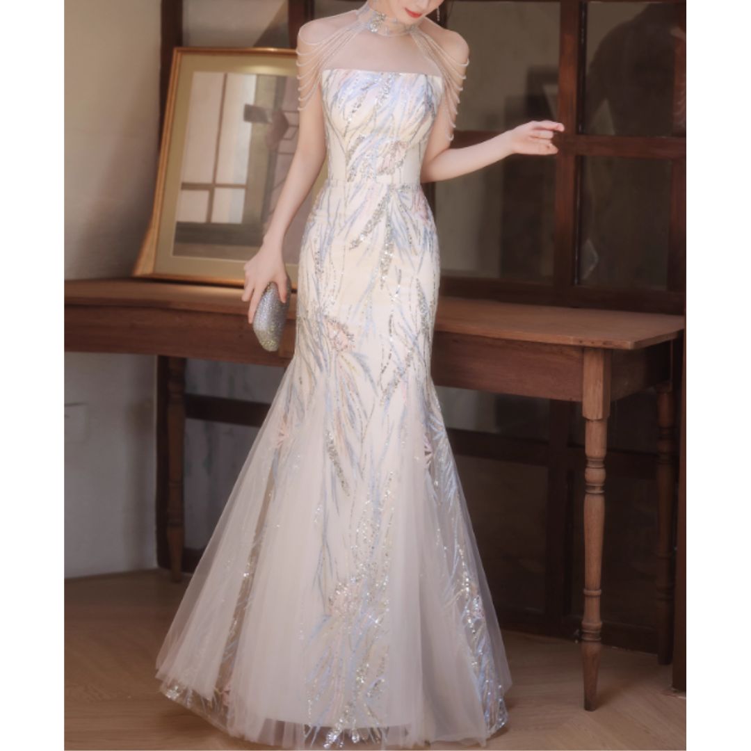 #7930 HALTERNECK BEADED SEQUIN EVENING DRESS