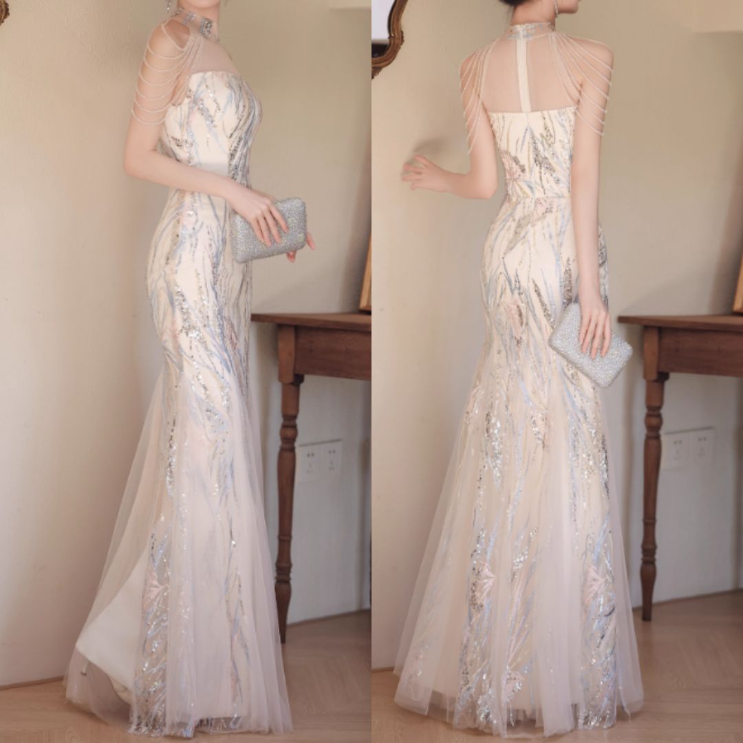 #7930 HALTERNECK BEADED SEQUIN EVENING DRESS
