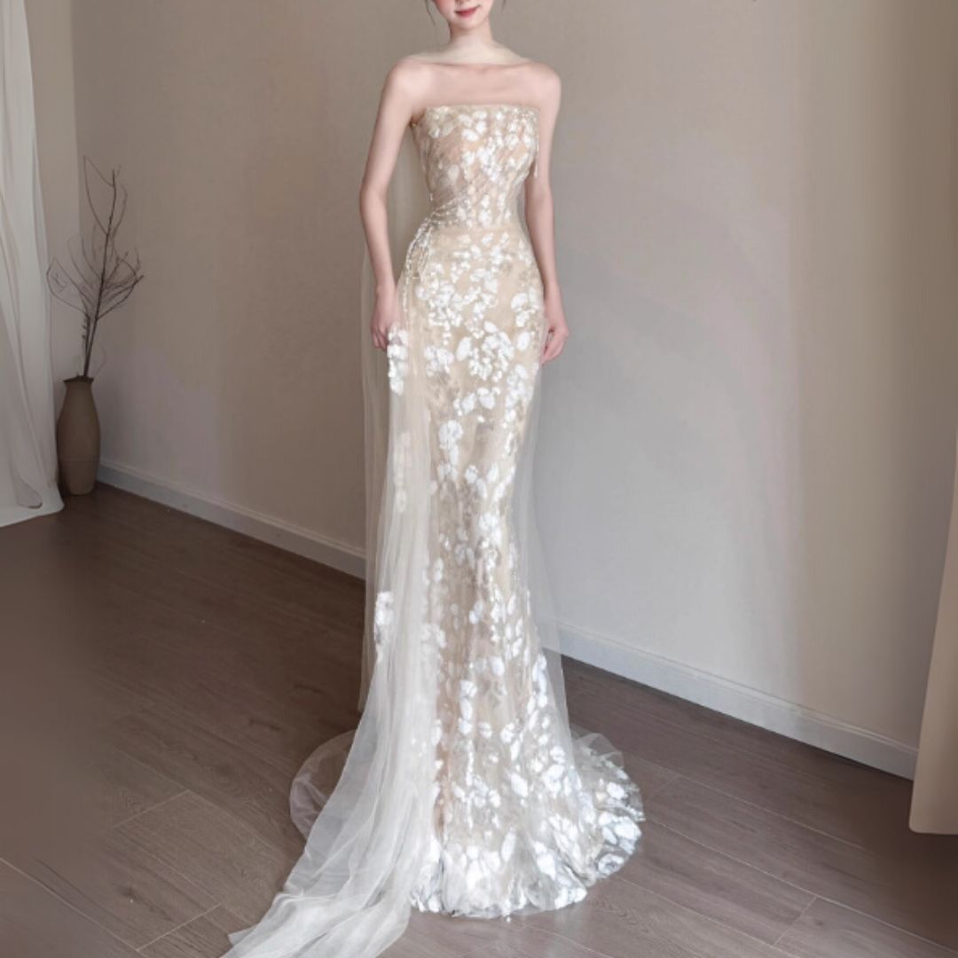 #7934 LUXE FRENCH ELEGANT STRAPLESS EVENING DRESS