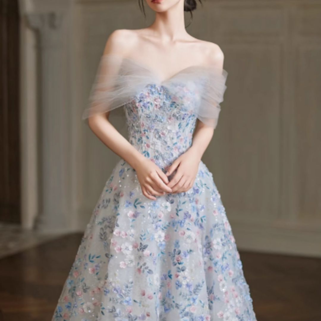 #7938 STRAPLESS FLORAL EVENING DRESS