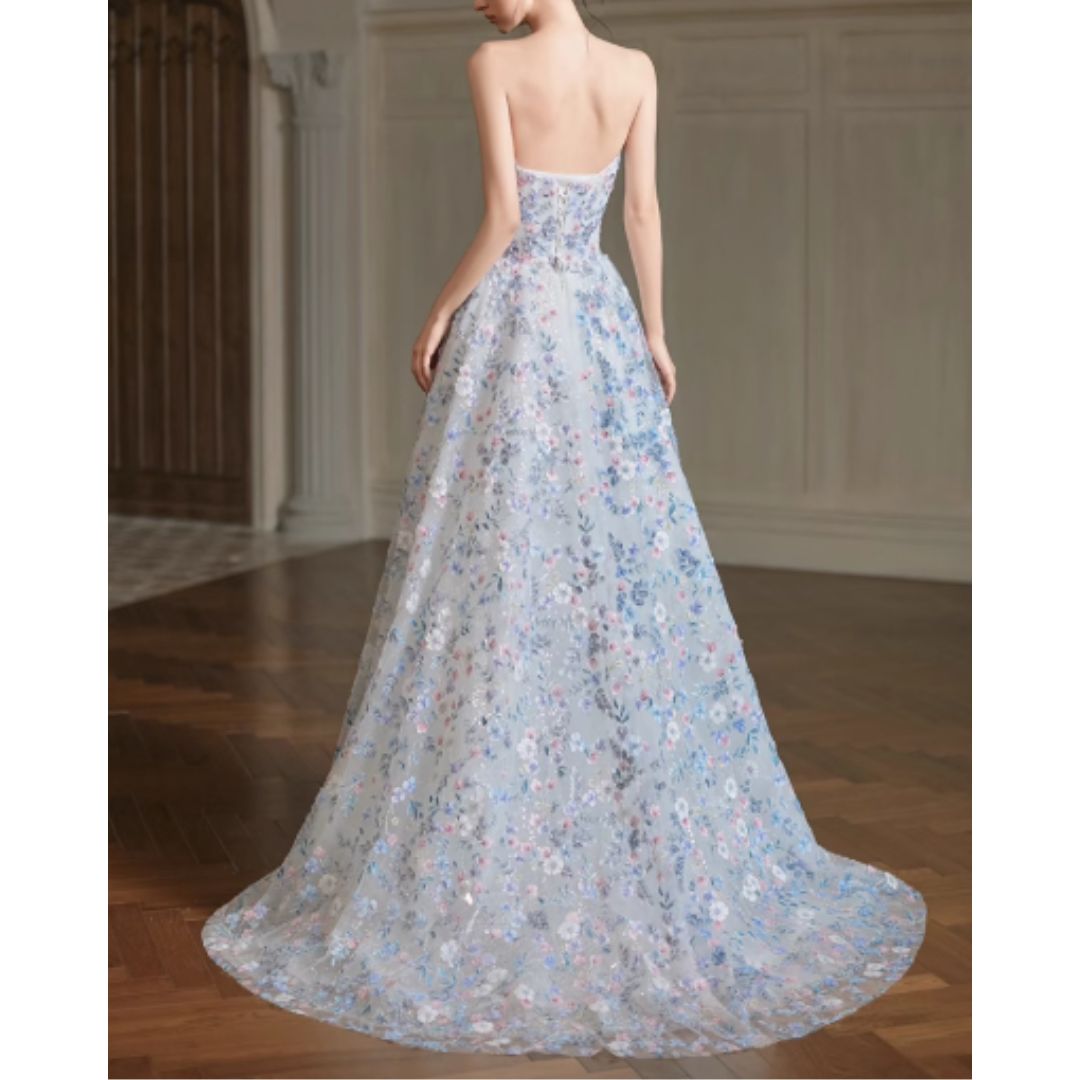 #7938 STRAPLESS FLORAL EVENING DRESS