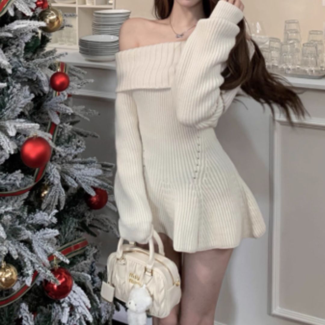 #7950 OFF-SHOULDER KNITTED SWEATER DRESS
