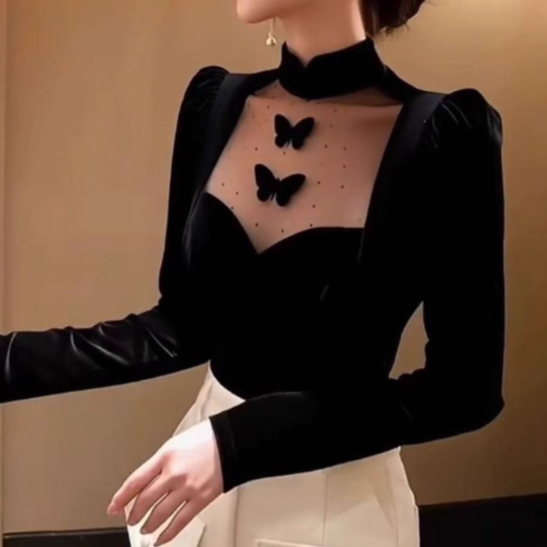 STAND COLLAR FITTED VELVET LONG SLEEVE TOP #7962