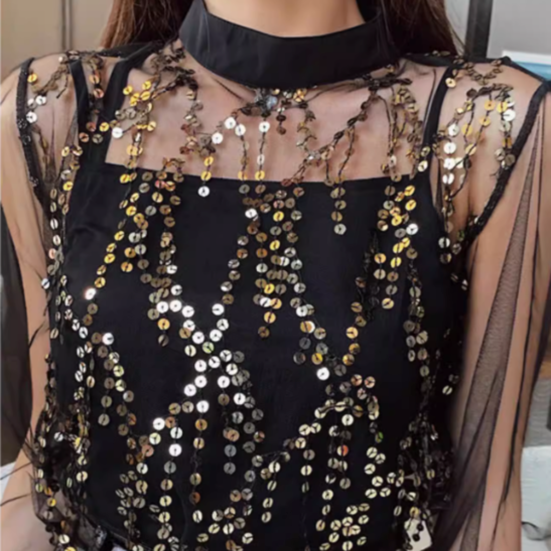 TULLE SEQUIN FRINGE VEST TOP #7966