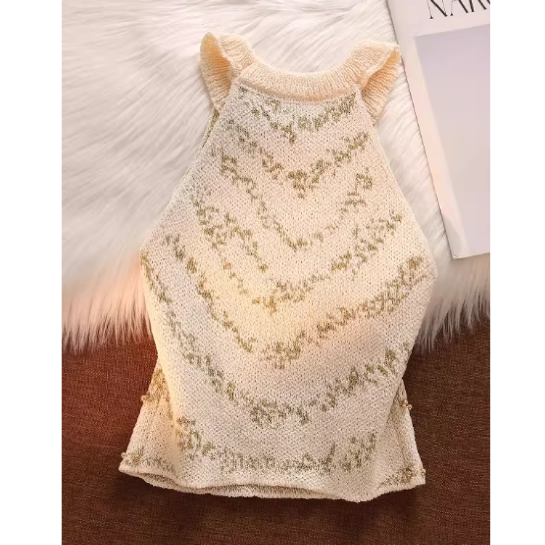 BEADED HALTER NECK KNIT SLEEVELESS TOP #7970
