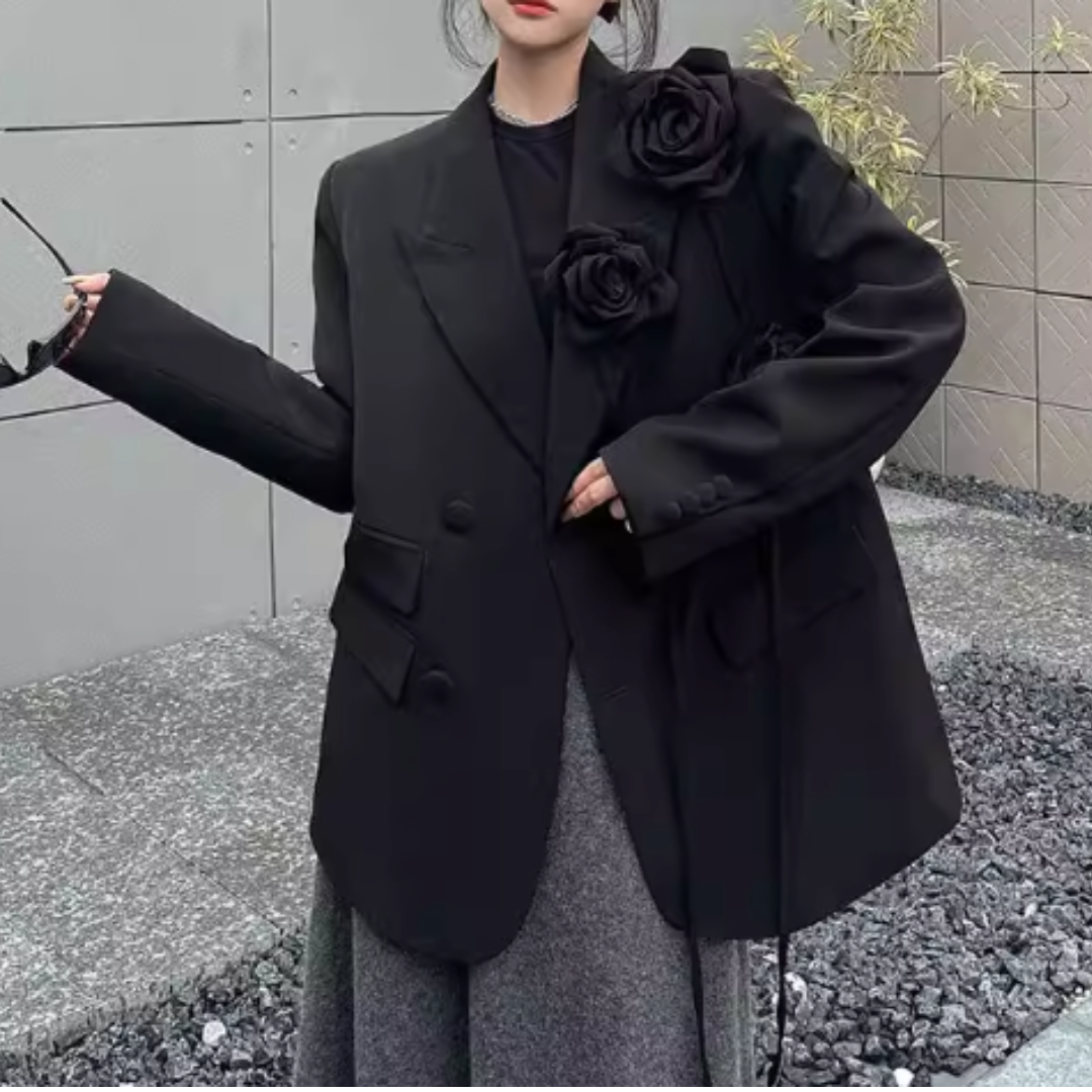 3D FLORAL EMBELLISHED BLACK BLAZER #7972