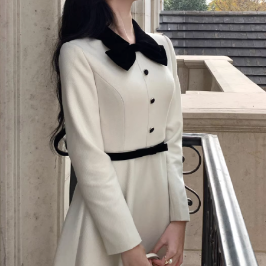 FRENCH WOOL WAISTED LONG DRESS #7975