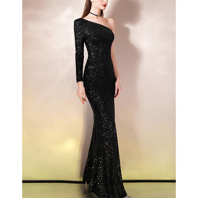 #5020 Black One-Shoulder Evening Dress