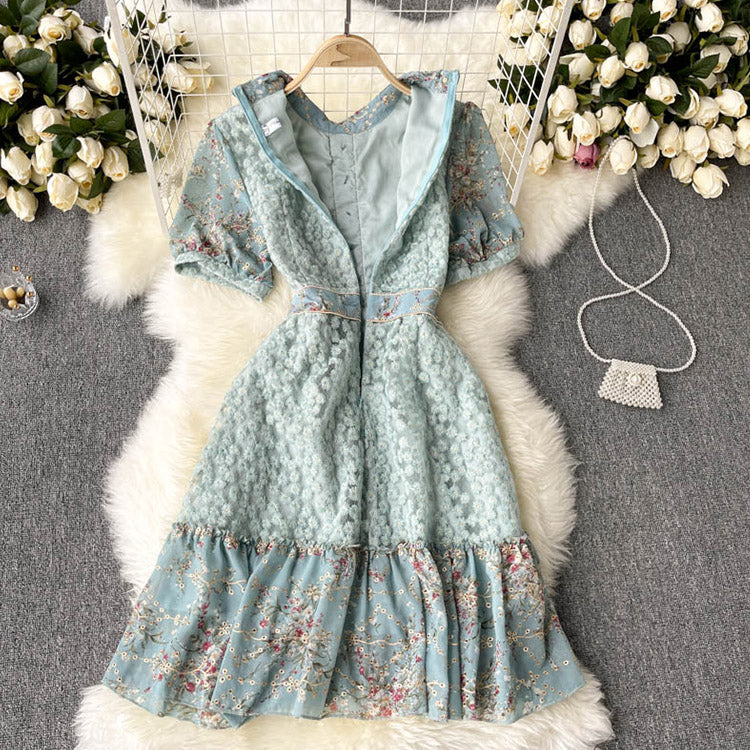 #5156 Puff sleeve Embroidered ruffles dress