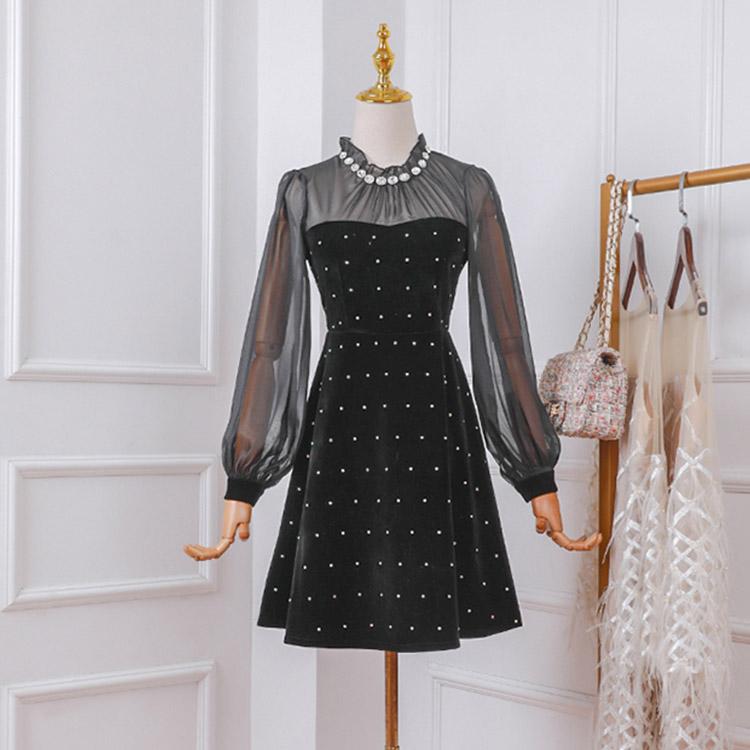 #7159 RETRO LANTERN SLEEVE STITCHING VELVET DRESS