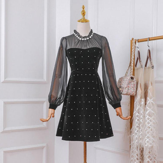 #7159 RETRO LANTERN SLEEVE STITCHING VELVET DRESS