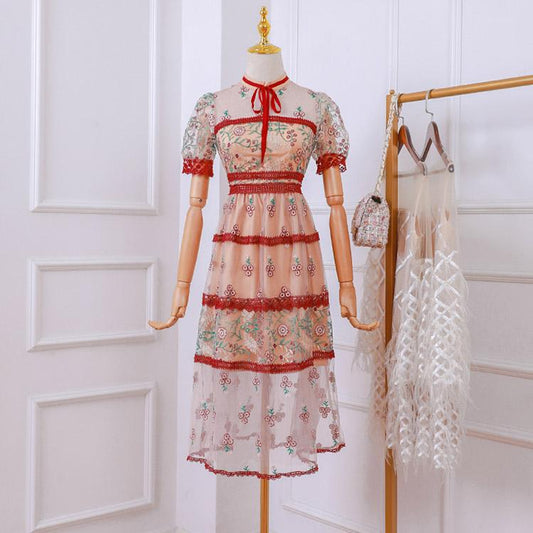 #7160 RETRO STAND EMBROIDERY STITCHING LACE DRESS