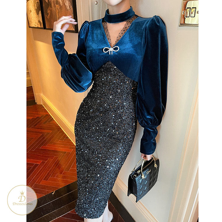 #7532 GOLD VELVET STITCHING SEQUINS DRESS